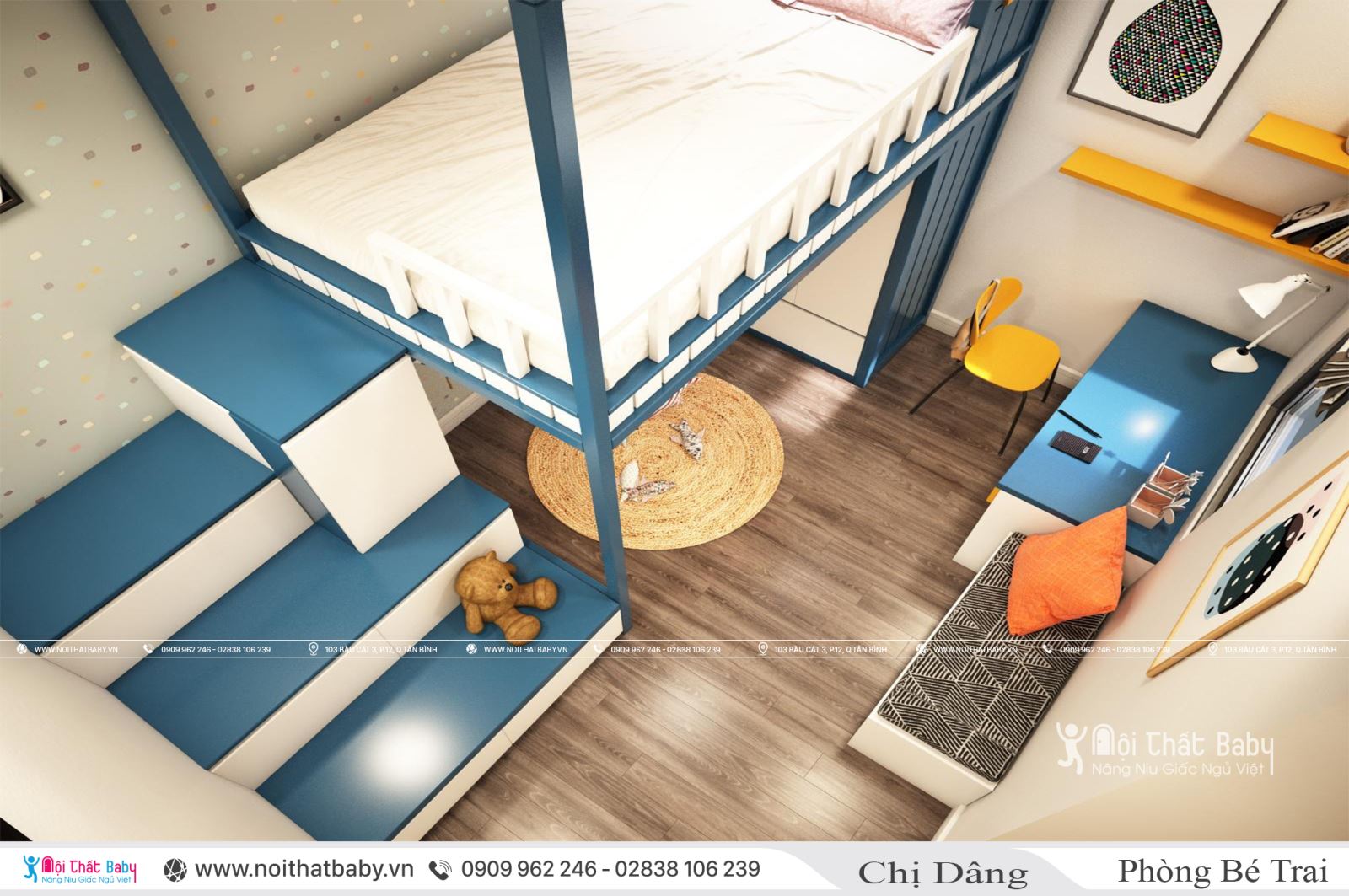 Phòng ngủ bé trai màu xanh tại căn hộ Emerald Celadon City 71m2